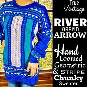 ▪️VTG▪️RIVER BRAND ARROW▪️1990's Hand Loomed Cotton Geo Striped Chunky Sweater